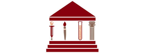 fronte tempio greco stilizzato con una colonna stilizzata e una pipetta, un pennello e una provetta come altre colonne più titolo dell'evento